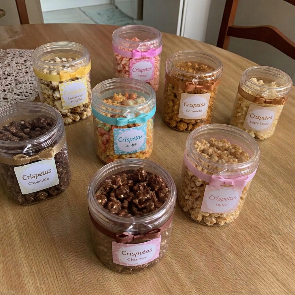 Foto enviada por WhatsApp con tarros de crispetas gourmet listos